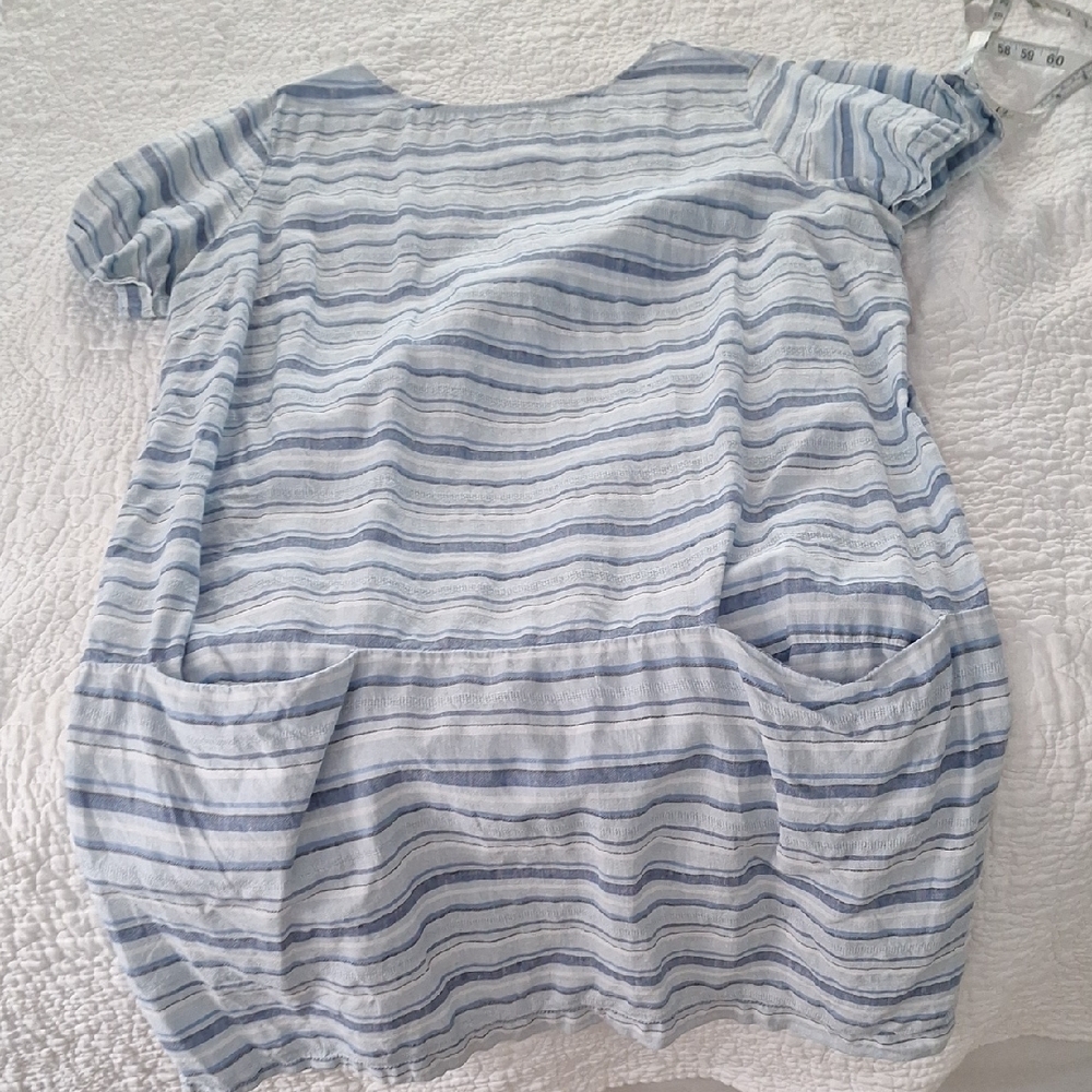 J Jill Linen 2x Blue White Striped Dress Pockets